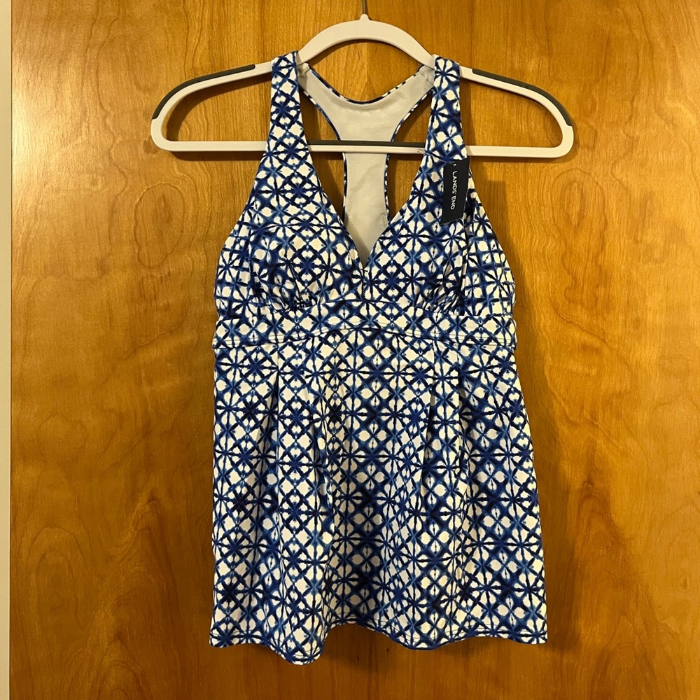 Lands End Women's Blue White Batik Print Halter Tankini Swim Top NWT Size 6
